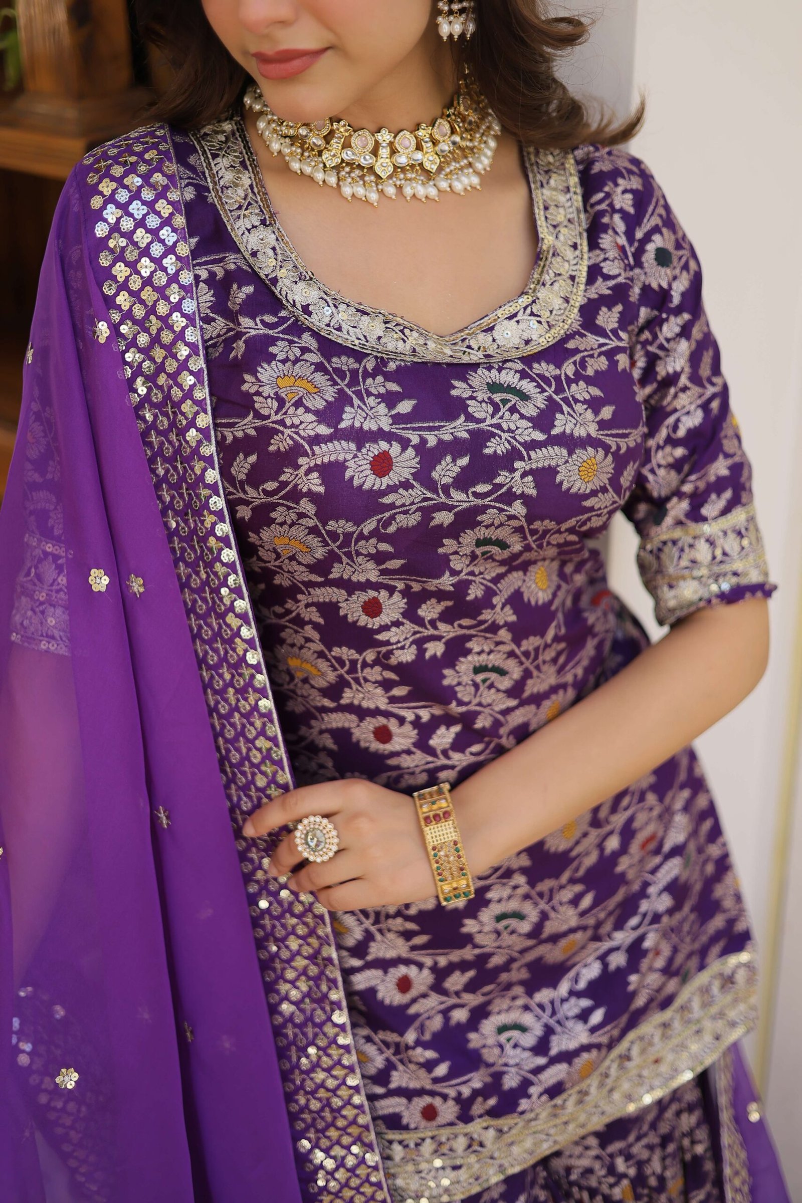 Purple Faux Blooming Sequins Embroidered Sharara Set with Matching Dupatta ? Festive & Party Wear 2024